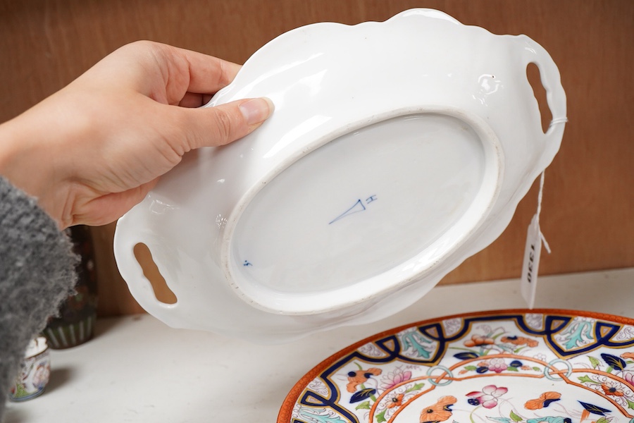 An Imari style plate after a design by Christopher Dresser, together with a Herend onion pattern side dish - 28cm wide